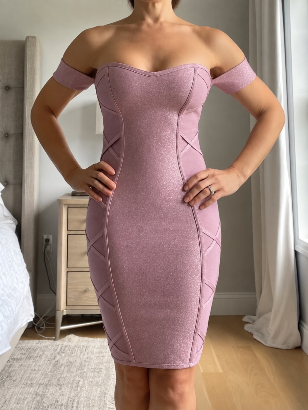 WOW Couture Pink Metallic Off Shoulder Bandage Bodycon Dress S